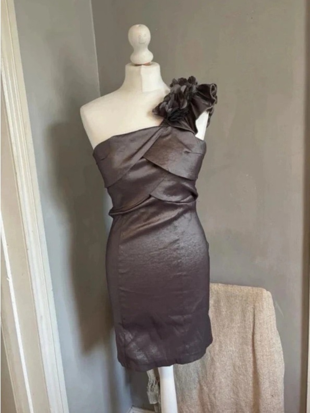 One-Shoulder Metallic Charcoal Maxi Dress with Floral Shoulder